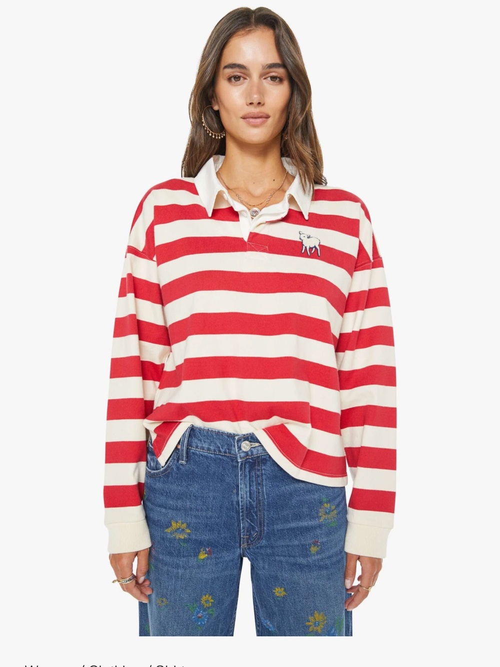 MOTHER Hail Mary Long Sleeve red and cream rugby polo